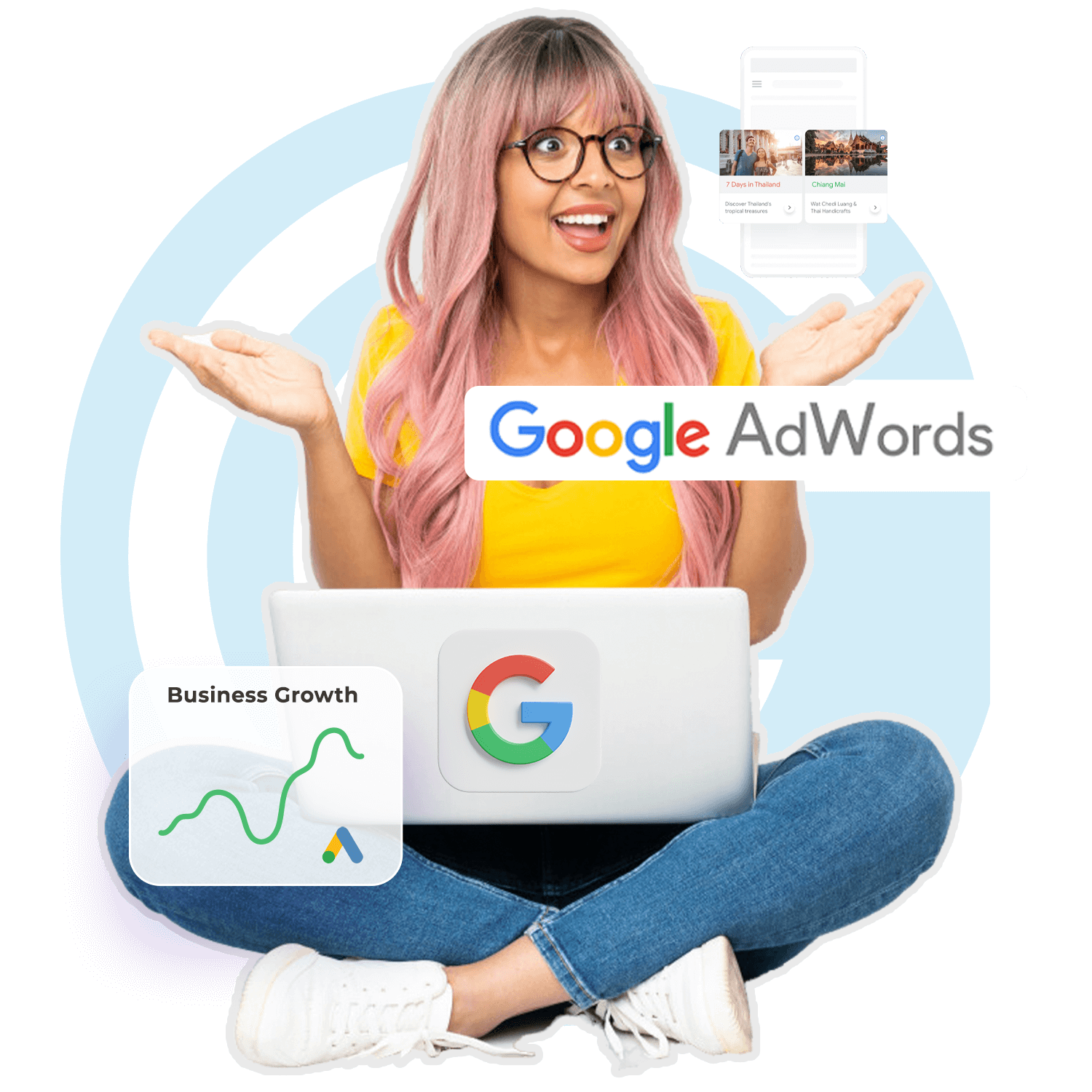Excited woman with pink hair holding up her hands, sitting with a laptop featuring Google branding. The image includes "Google AdWords," a graph labeled "Business Growth," and visuals of online ads showcasing destinations.