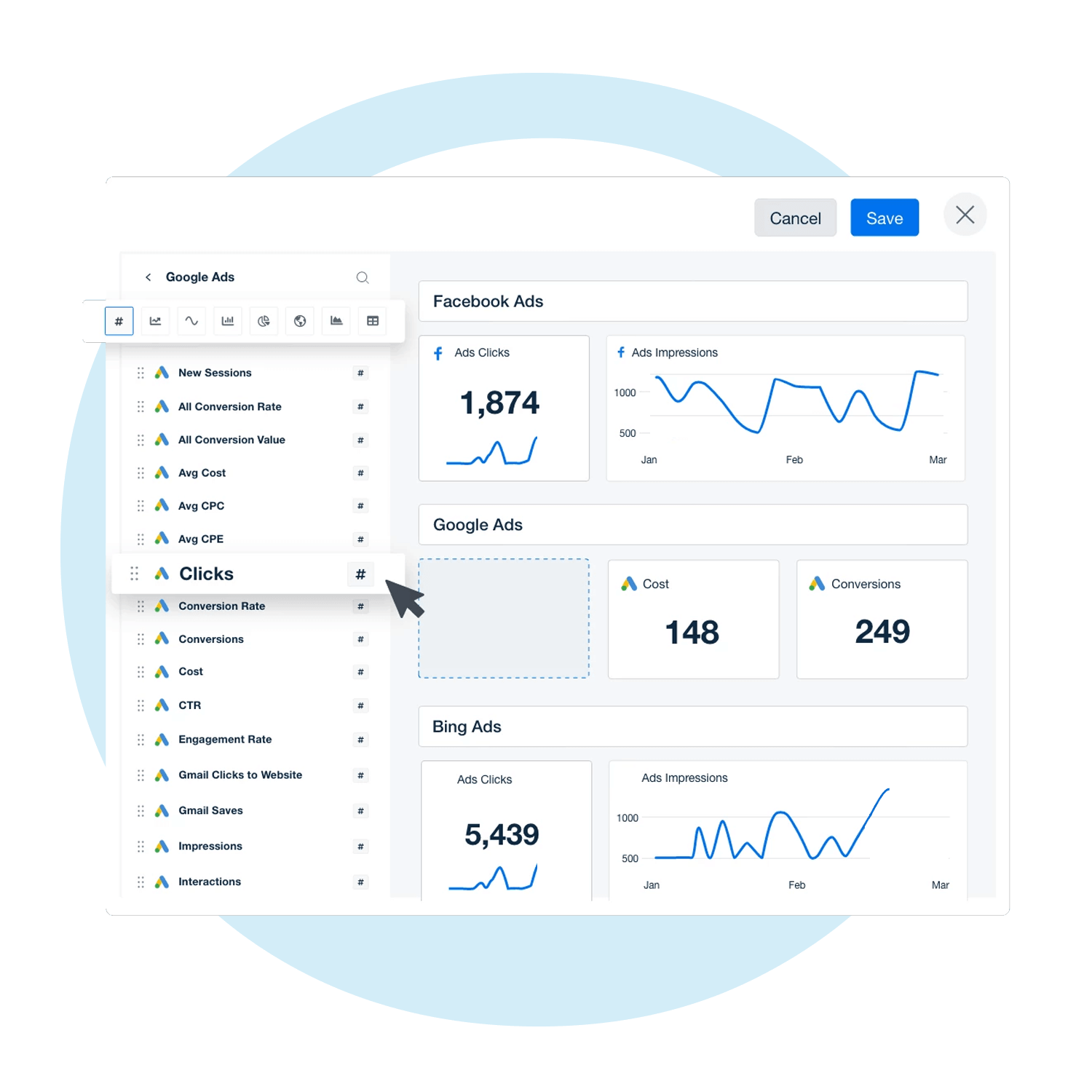 A dashboard interface showing analytics for Facebook Ads, Google Ads, and Bing Ads. Metrics displayed include clicks, impressions, cost, and conversions, with a navigation sidebar to toggle between analytics metrics such as CPC, CTR, and engagement rate.